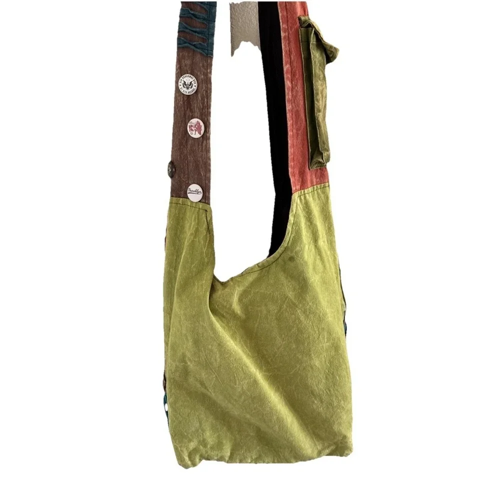 Himalaya Nepal Handcraft Boho Fabric Crossbody Hippie Bag- Large W/ Pins Zombie